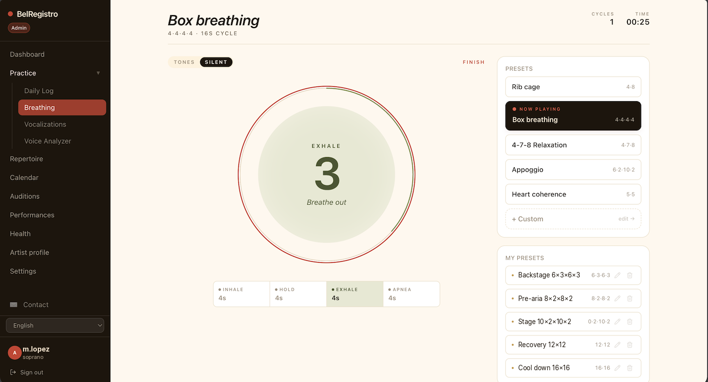 Breathing screen — sage green orb timer with phase counter, presets list, current phase chips